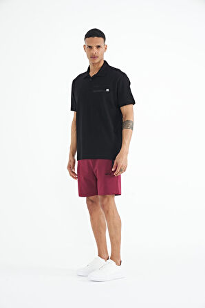 Siyah Yazı Baskılı Standart Form Polo Yaka Erkek T-shirt - 88236 | XXL