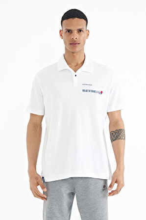 Beyaz Yazı Baskılı Standart Form Polo Yaka Erkek T-shirt - 88236 | M