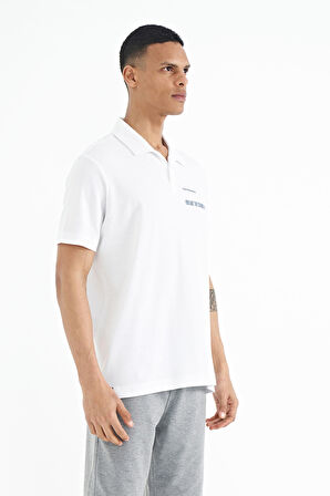 Beyaz Yazı Baskılı Standart Form Polo Yaka Erkek T-shirt - 88236 | S