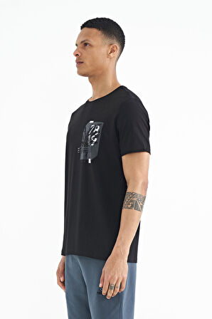 Siyah Ön Arka Baskı Detaylı Standart Form Erkek T-shirt - 88233 | S