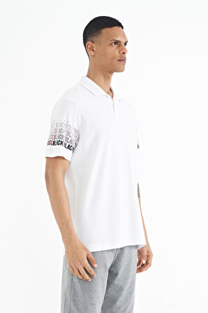 Beyaz Kol Baskı Detaylı Polo Yaka Standart Form Erkek T-shirt - 88240 | XXL