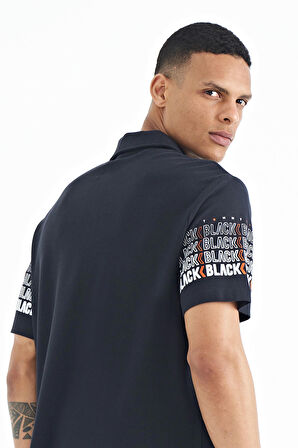Lacivert Kol Baskı Detaylı Polo Yaka Standart Form Erkek T-shirt - 88240 | M