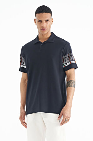 Lacivert Kol Baskı Detaylı Polo Yaka Standart Form Erkek T-shirt - 88240 | M