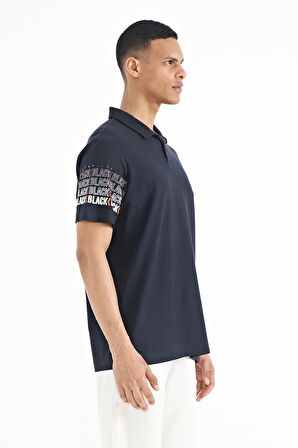 Lacivert Kol Baskı Detaylı Polo Yaka Standart Form Erkek T-shirt - 88240 | M