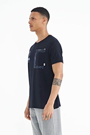 Lacivert Cep Detaylı Baskılı O Yaka Erkek T-shirt - 88184 | M
