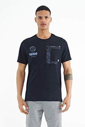 Lacivert Cep Detaylı Baskılı O Yaka Erkek T-shirt - 88184 | XL