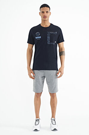 Lacivert Cep Detaylı Baskılı O Yaka Erkek T-shirt - 88184 | XL