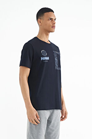 Lacivert Cep Detaylı Baskılı O Yaka Erkek T-shirt - 88184 | XL