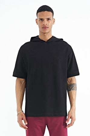 Siyah Kapüşonlu Kol Etiket Detaylı Oversize Erkek T-shirt - 88179 | S