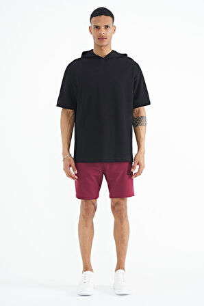 Siyah Kapüşonlu Kol Etiket Detaylı Oversize Erkek T-shirt - 88179 | S