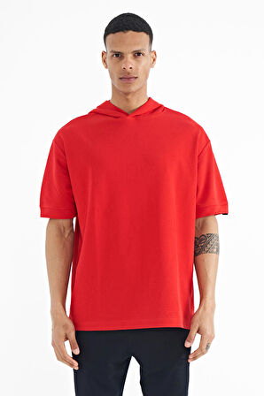 Kırmızı Kapüşonlu Kol Etiket Detaylı Oversize Erkek T-shirt - 88179 | XL