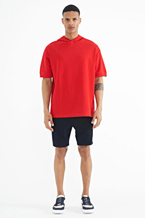 Kırmızı Kapüşonlu Kol Etiket Detaylı Oversize Erkek T-shirt - 88179 | XL
