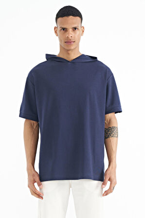 İndigo Kapüşonlu Kol Etiket Detaylı Oversize Erkek T-shirt - 88179 | L