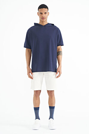 İndigo Kapüşonlu Kol Etiket Detaylı Oversize Erkek T-shirt - 88179 | L