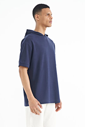 İndigo Kapüşonlu Kol Etiket Detaylı Oversize Erkek T-shirt - 88179 | L