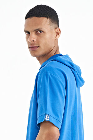 Saks Kapüşonlu Kol Etiket Detaylı Oversize Erkek T-shirt - 88179 | L