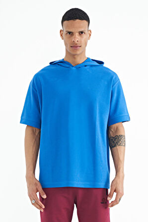 Saks Kapüşonlu Kol Etiket Detaylı Oversize Erkek T-shirt - 88179 | S