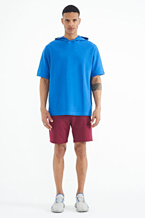 Saks Kapüşonlu Kol Etiket Detaylı Oversize Erkek T-shirt - 88179 | S