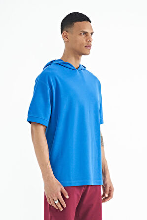 Saks Kapüşonlu Kol Etiket Detaylı Oversize Erkek T-shirt - 88179 | S