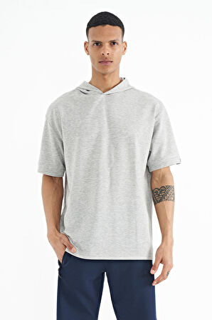 Gri Melanj Kapüşonlu Kol Etiket Detaylı Oversize Erkek T-shirt - 88179 | M