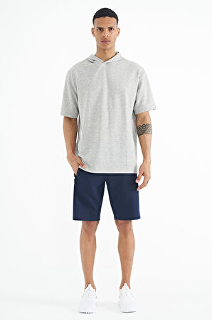 Gri Melanj Kapüşonlu Kol Etiket Detaylı Oversize Erkek T-shirt - 88179 | M