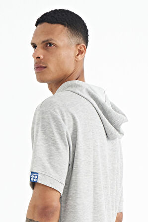 Gri Melanj Kapüşonlu Kol Etiket Detaylı Oversize Erkek T-shirt - 88179 | M