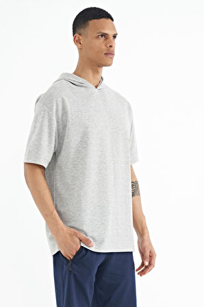 Gri Melanj Kapüşonlu Kol Etiket Detaylı Oversize Erkek T-shirt - 88179 | M