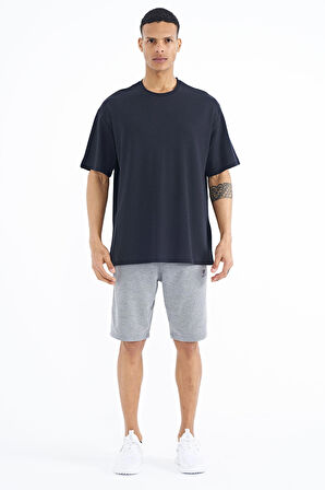 Lacivert Kol Arma Detaylı Basic Oversize Erkek T-Shirt - 88193 | XL
