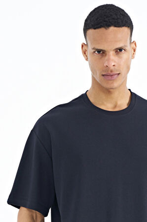 Lacivert Kol Arma Detaylı Basic Oversize Erkek T-Shirt - 88193 | XL