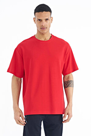 Kırmızı Kol Arma Detaylı Basic Oversize Erkek T-Shirt - 88193 | M