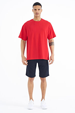 Kırmızı Kol Arma Detaylı Basic Oversize Erkek T-Shirt - 88193 | M
