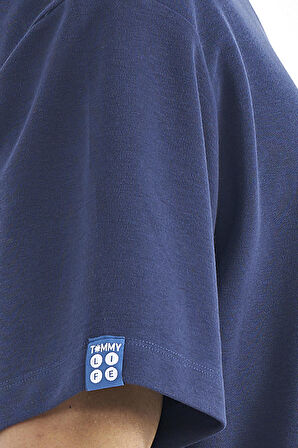 İndigo Kol Arma Detaylı Basic Oversize Erkek T-Shirt - 88193