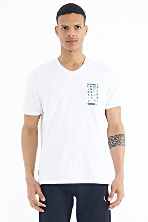 Beyaz Baskı Detaylı  V Yaka Standart Kalıp Erkek T-Shirt - 88186 | S
