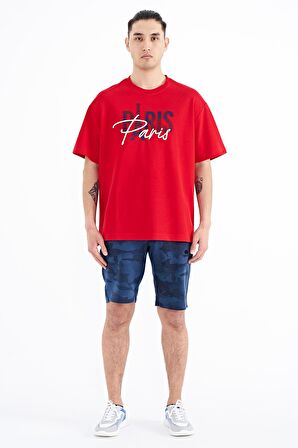 Kırmızı Yazı Nakışlı O Yaka Oversize Erkek T-Shirt - 88223 | S