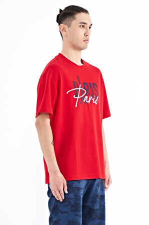 Kırmızı Yazı Nakışlı O Yaka Oversize Erkek T-Shirt - 88223 | S