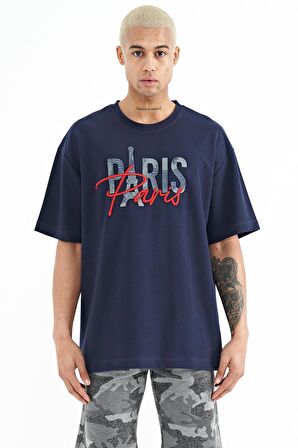 İndigo Yazı Nakışlı O Yaka Oversize Erkek T-Shirt - 88223 | S