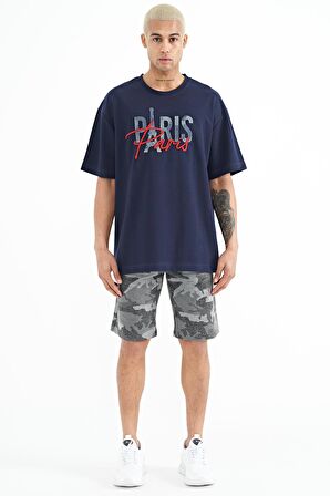 İndigo Yazı Nakışlı O Yaka Oversize Erkek T-Shirt - 88223 | S
