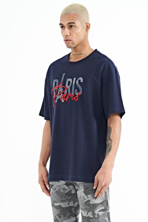 İndigo Yazı Nakışlı O Yaka Oversize Erkek T-Shirt - 88223 | S