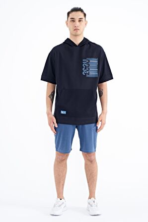 Lacivert Kapüşonlu Baskılı Kanguru Cepli Oversize Erkek T-Shirt - 88196 | L
