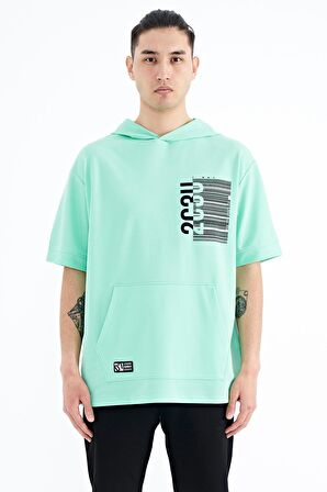Su Yeşili Kapüşonlu Baskılı Kanguru Cepli Oversize Erkek T-Shirt - 88196 | M