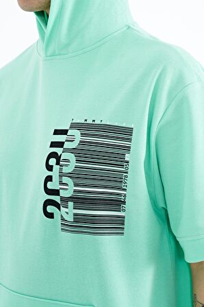 Su Yeşili Kapüşonlu Baskılı Kanguru Cepli Oversize Erkek T-Shirt - 88196 | M