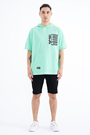Su Yeşili Kapüşonlu Baskılı Kanguru Cepli Oversize Erkek T-Shirt - 88196 | M