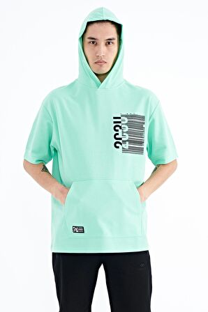 Su Yeşili Kapüşonlu Baskılı Kanguru Cepli Oversize Erkek T-Shirt - 88196 | M