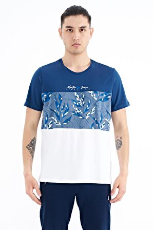 İndigo Renk Geçişli Baskı Detaylı O Yaka Standart Kalıp Erkek T-Shirt - 88177 | M