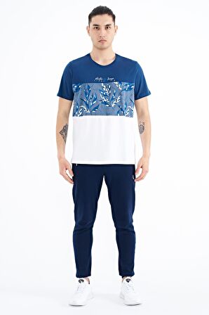 İndigo Renk Geçişli Baskı Detaylı O Yaka Standart Kalıp Erkek T-Shirt - 88177 | M