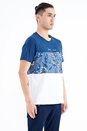 İndigo Renk Geçişli Baskı Detaylı O Yaka Standart Kalıp Erkek T-Shirt - 88177 | M