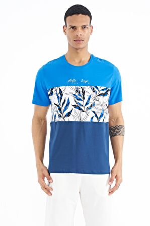 Saks Renk Geçişli Baskı Detaylı O Yaka Standart Kalıp Erkek T-Shirt - 88177 | S