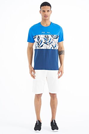 Saks Renk Geçişli Baskı Detaylı O Yaka Standart Kalıp Erkek T-Shirt - 88177 | S