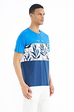 Saks Renk Geçişli Baskı Detaylı O Yaka Standart Kalıp Erkek T-Shirt - 88177 | S