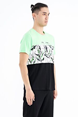 Neon Yeşil Renk Geçişli Baskı Detaylı O Yaka Standart Kalıp Erkek T-Shirt - 88177 | XXL